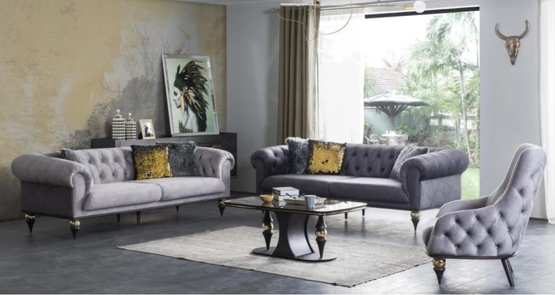 Casa Padrino Luxus Art Deco Chesterfield Sessel Hellgrau / Schwarz / Messingfarben 80 x 95 x H. 100 cm - Wohnzimmer Möbel