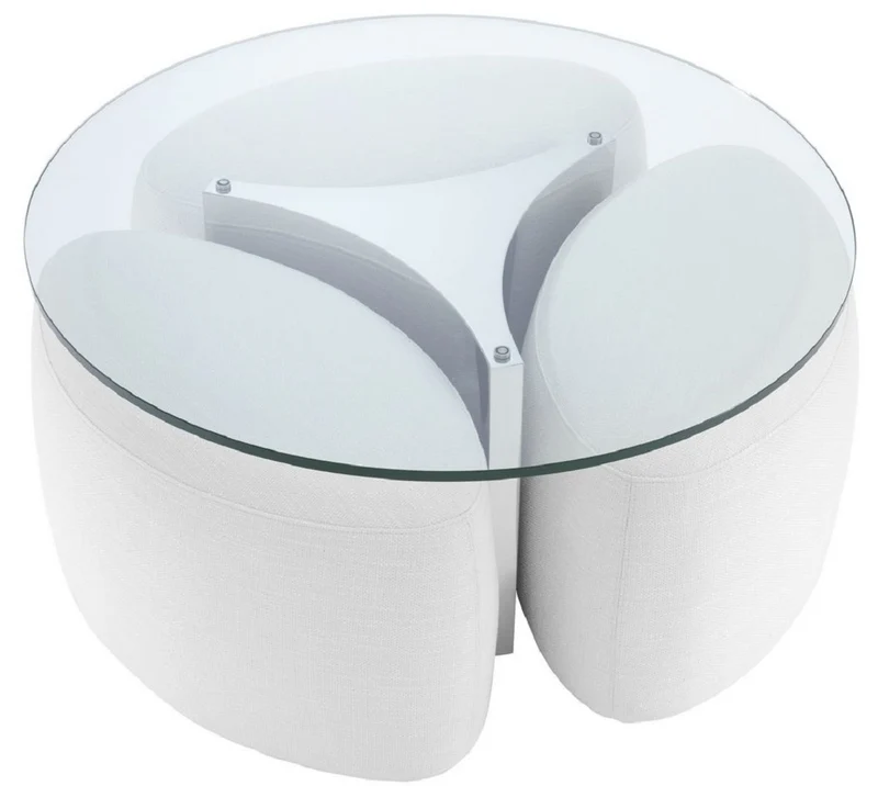 Casa Padrino Luxus Couchtisch Weiß / Silber Ø 104 x H. 46,5 cm - Runder Edelstahl Wohnzimmertisch mit Glasplatte und 3 eleganten Sitzhocker - Wohnzimmer Möbel - Luxus Möbel