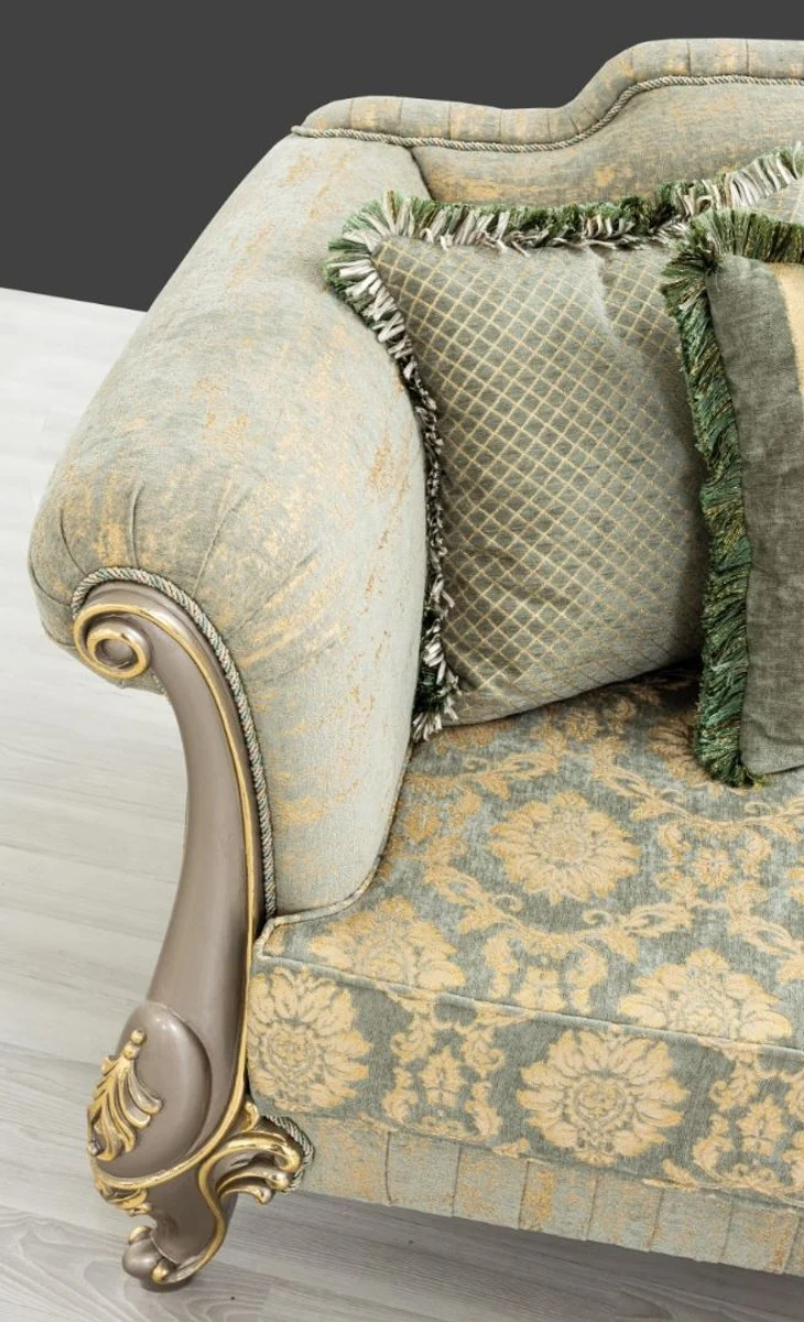 Casa Padrino Luxus Barock Sofa Grün / Gold / Grau / Gold 225 x 90 x H. 110 cm - Prunkvolles Barockstil Wohnzimmer Sofa mit elegantem Muster - Barock Möbel