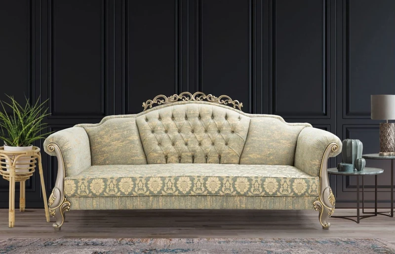 Casa Padrino Luxus Barock Sofa Grün / Gold / Grau / Gold 225 x 90 x H. 110 cm - Prunkvolles Barockstil Wohnzimmer Sofa mit elegantem Muster - Barock Möbel