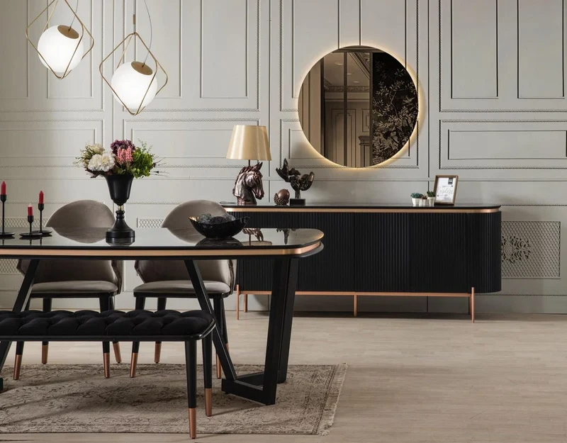 Casa Padrino Luxus Esszimmer Set Grau / Schwarz / Kupferfarben - 1 Esszimmertisch & 4 Esszimmerstühle & 1 Sitzbank - Luxus Esszimmer Möbel