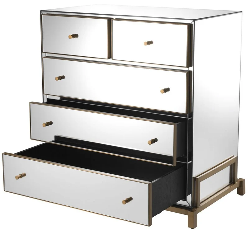Casa Padrino Luxus Spiegelglas Kommode mit 5 Schubladen Messingfarben 88,5 x 52 x H. 87,5 cm - Verspiegelter Schlafzimmer Schrank - Schlafzimmer Möbel