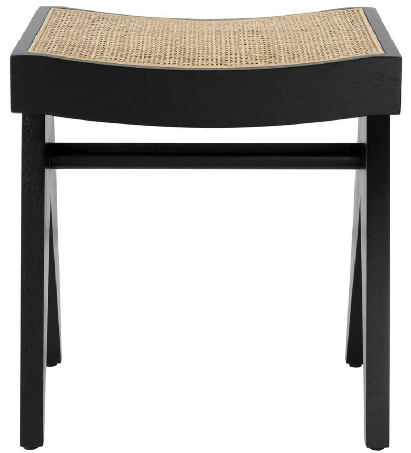 Casa Padrino Luxus Sitzhocker Schwarz / Naturfarben 39 x 31,5 x H. 43 cm - Massivholz Hocker mit handgewebtem Rattangeflecht - Luxus Möbel