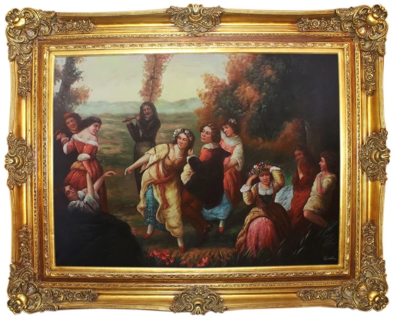 Casa Padrino Barock Ölgemälde Gartenfest Mehrfarbig / Gold 160 x 10 x H. 130 cm - Handgemaltes Gemälde mit prunkvollem Rahmen im Barockstil - Wanddeko im Barockstil