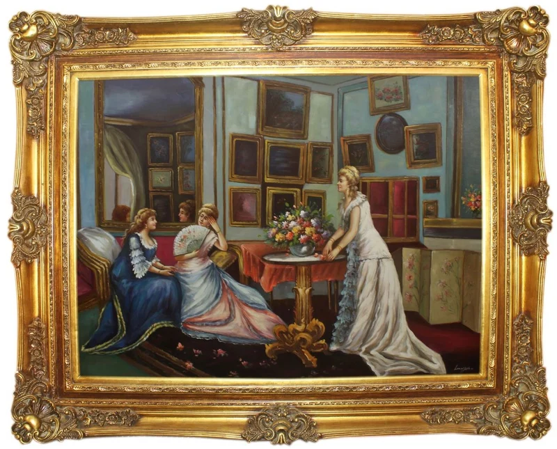 Casa Padrino Barock Ölgemälde 3 Damen Mehrfarbig / Gold 160 x 10 x H. 130 cm - Handgemaltes Gemälde mit prunkvollem Rahmen im Barockstil - Barock Deko Accessoires