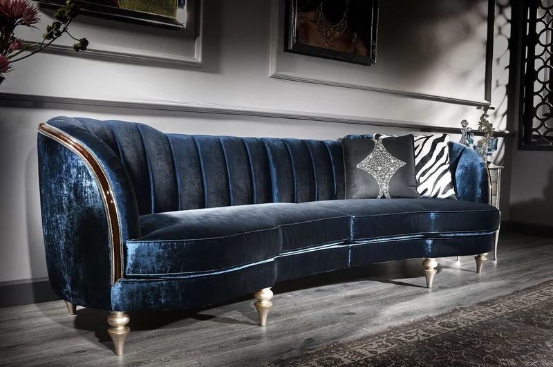 Casa Padrino Luxus Barock Samt Sofa Blau / Antik Silber / Dunkelbraun 262 x 104 x H. 80 cm - Barock Möbel