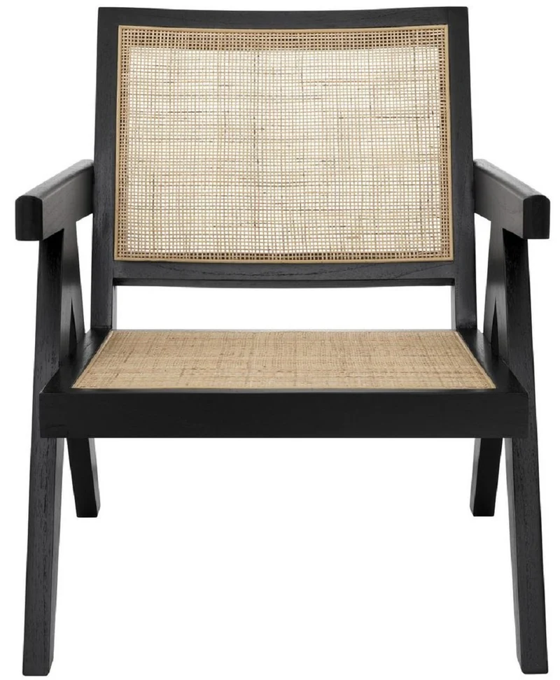 Casa Padrino Designer Stuhl Schwarz / Naturfarben 58 x 82 x H. 70 cm - Massivholz Stuhl mit Armlehnen und handgewebtem Rattangeflecht - Luxus Wohnzimmer Möbel