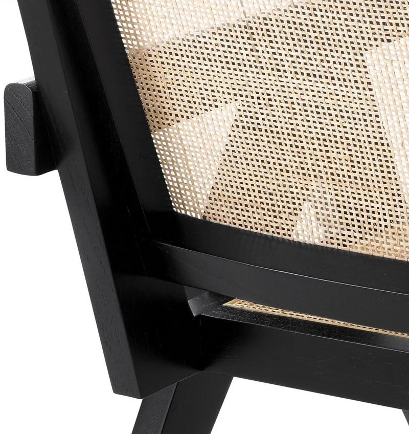 Casa Padrino Designer Stuhl Schwarz / Naturfarben 58 x 82 x H. 70 cm - Massivholz Stuhl mit Armlehnen und handgewebtem Rattangeflecht - Luxus Wohnzimmer Möbel