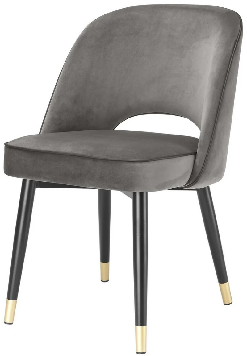 Casa Padrino Luxus Esszimmerstuhl Set Grau / Schwarz / Messing 53 x 56 x H. 84 cm - Esszimmerstühle mit edlem Samtstoff - Esszimmer Möbel
