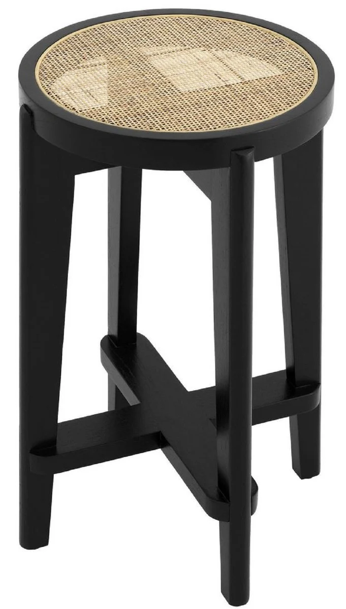 Casa Padrino Luxus Barhocker Schwarz / Naturfarben Ø 44 x H. 67 cm - Runder Massivholz Barstuhl - Bar Möbel