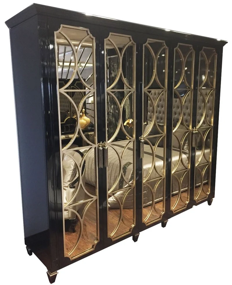 Casa Padrino Luxus Barock Schlafzimmerschrank Schwarz / Gold 260 x 63 x H. 240 cm - Prunkvoller Kleiderschrank mit 5 verspiegelten Türen - Luxus Qualität