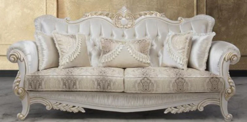 Casa Padrino Luxus Barock Sofa mit dekorativen Kissen Mehrfarbig / Weiß / Gold 237 x 81 x H. 115 cm - Barock Wohnzimmer Möbel