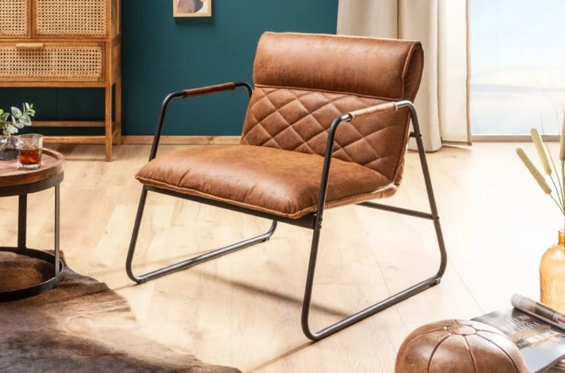 Casa Padrino Retro Lounge Sessel Vintage Hellbraun / Schwarz 71 x 72 x H. 79 cm - Kunstleder Sessel mit Metallgestell - Wohnzimmer Möbel