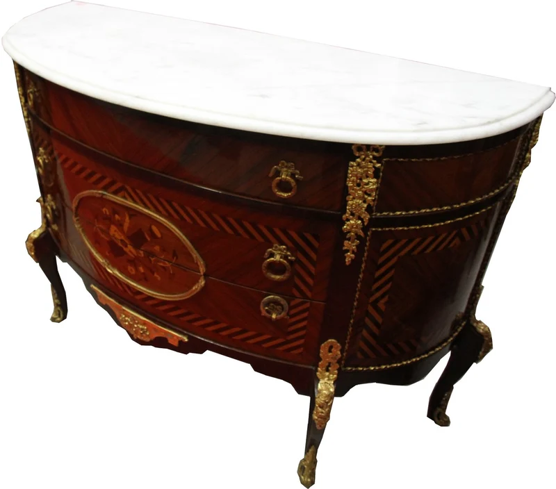 Französische Antik Stil Kommode Intarsien Braun mit weißer Marmorplatte - Barock Möbel