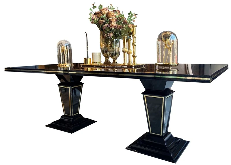Casa Padrino Luxus Art Deco Esstisch Dunkelbraun / Schwarz / Gold 220 x 110 x H. 76 cm - Edler Esszimmertisch mit Glasplatte - Art Deco Esszimmer Möbel