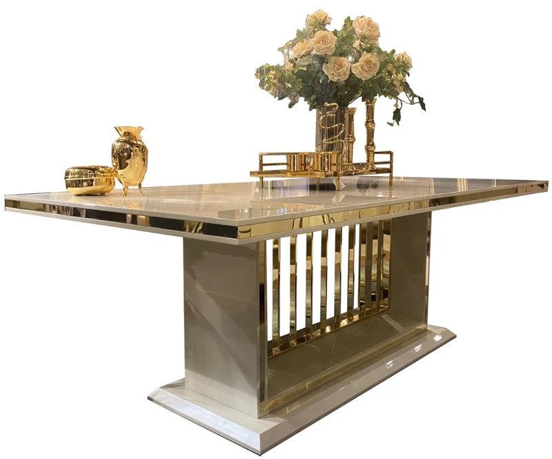 Casa Padrino Luxus Esstisch mit Glasplatte Creme / Gold 220 x 110 x H. 78 cm - Esszimmertisch - Küchentisch - Luxus Esszimmer Möbel