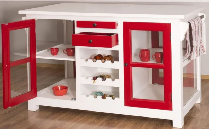 Casa Padrino Landhausstil Kücheninsel Weiß / Rot 150 x 90 x H. 90 cm - Massivholz Küchenschrank mit 4 Glastüren und 4 Schubladen - Landhausstil Küchenmöbel