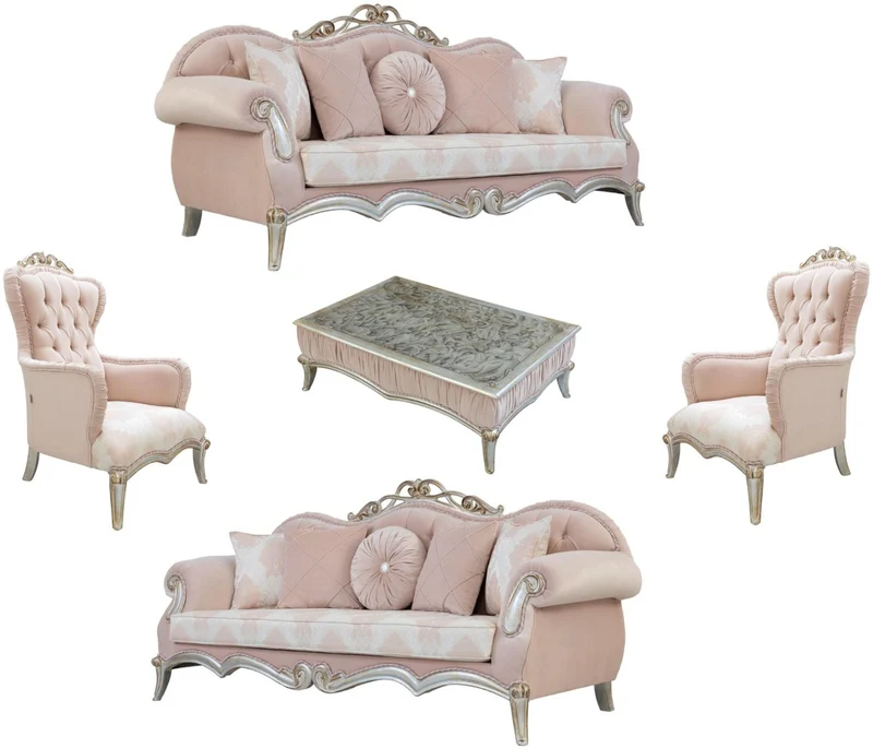 Casa Padrino Luxus Barock Wohnzimmer Set Rosa / Silber / Gold - 2 Sofas mit Kissen & 2 Sessel & 1 Couchtisch - Wohnzimmermöbel im Barockstil - Edle Barock Möbel