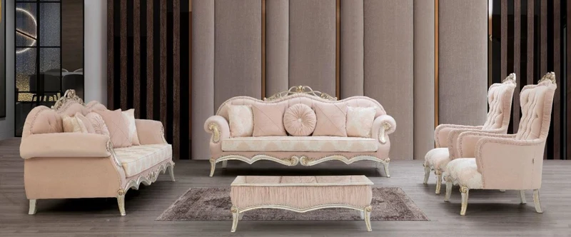 Casa Padrino Luxus Barock Wohnzimmer Set Rosa / Silber / Gold - 2 Sofas mit Kissen & 2 Sessel & 1 Couchtisch - Wohnzimmermöbel im Barockstil - Edle Barock Möbel