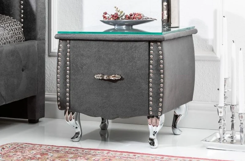 Casa Padrino Art Deco Nachttisch mit Schublade und Glasplatte Antik Grau / Silber 47 x 41 x H. 45 cm - Schlafzimmermöbel