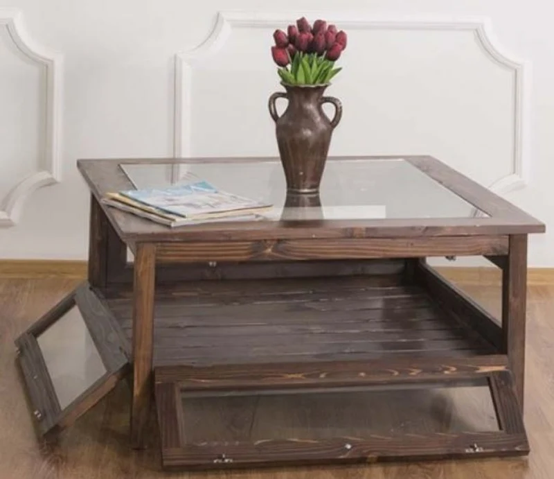 Casa Padrino Landhausstil Couchtisch mit Glasplatte Braun 90 x 90 x H. 45 cm - Massivholz Wohnzimmertisch - Wohnzimmermöbel im Landhausstil