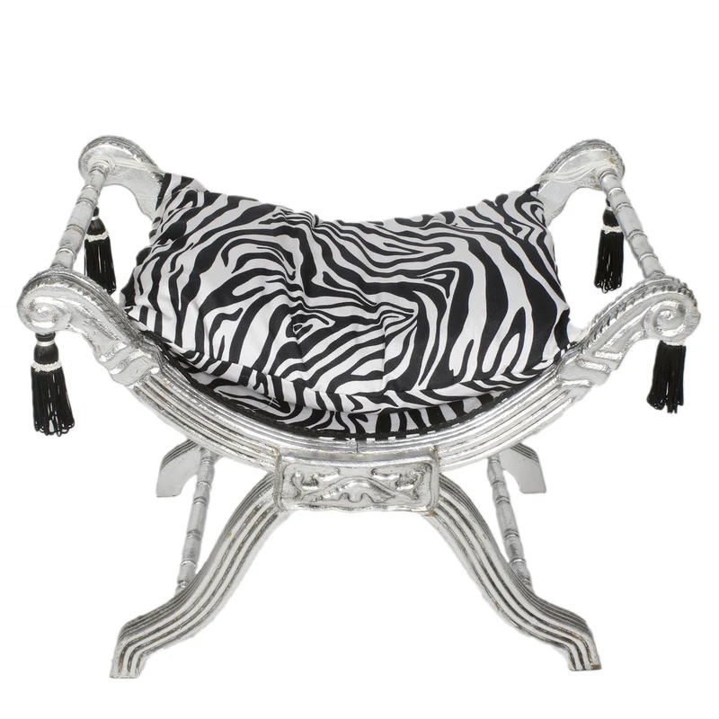 Casa Padrino Barock Sitzhocker - Kreuzhocker Zebra / Silber - Möbel