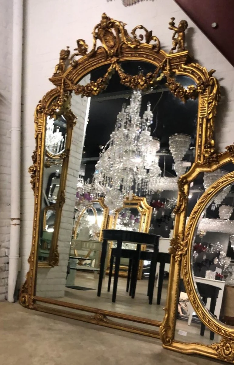 Riesiger Casa Padrino Barock Spiegel Gold 220 x 160 cm mit Engelsmotiven - Antik Stil - Schwere prunkvolle Ausführung