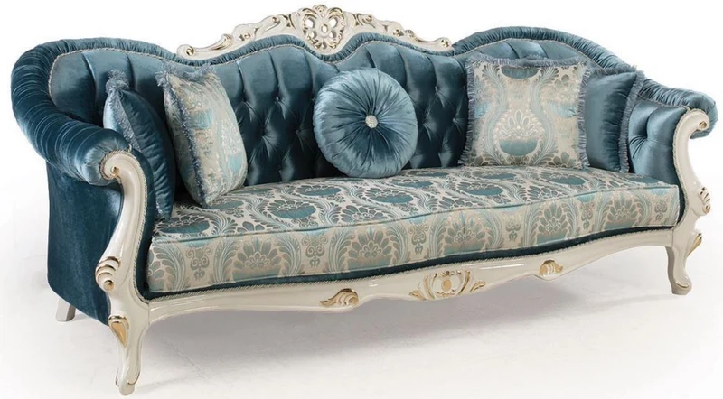 Casa Padrino Luxus Barock Wohnzimmer Set Blau / Weiß / Gold - 2 Sofas & 2 Sessel & 1 Couchtisch - Prunkvolle Wohnzimmer Möbel im Barockstil