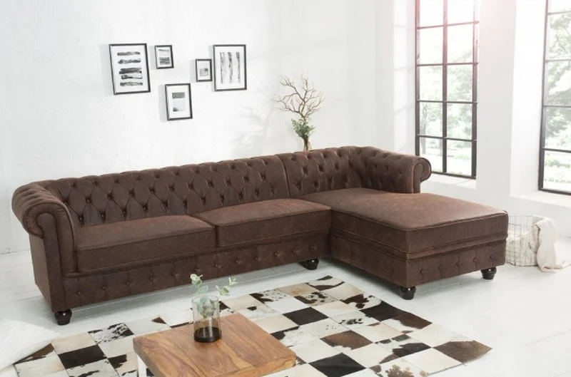 Casa Padrino Chesterfield Ecksofa Vintage Braun 280 x 165 x H. 73 cm - Kunstleder Wohnzimmer Sofa - Chesterfield Möbel