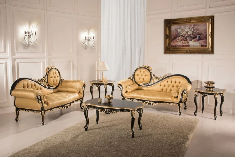 Casa Padrino Luxus Barock Wohnzimmer Set Gold / Schwarz - 2 Sofas & 1 Couchtisch & 2 Beistelltische - Wohnzimmermöbel im Barockstil - Edle Barock Möbel