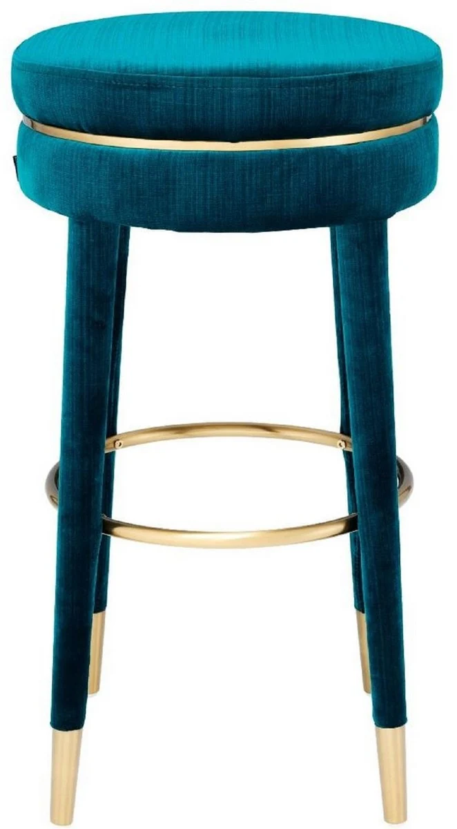 Casa Padrino Luxus Barhocker Blau / Messing Ø 41 x H. 78 cm - Runder Samt Hocker - Luxus Möbel