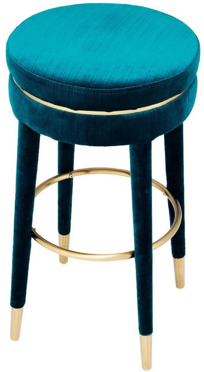 Casa Padrino Luxus Barhocker Blau / Messing Ø 41 x H. 78 cm - Runder Samt Hocker - Luxus Möbel