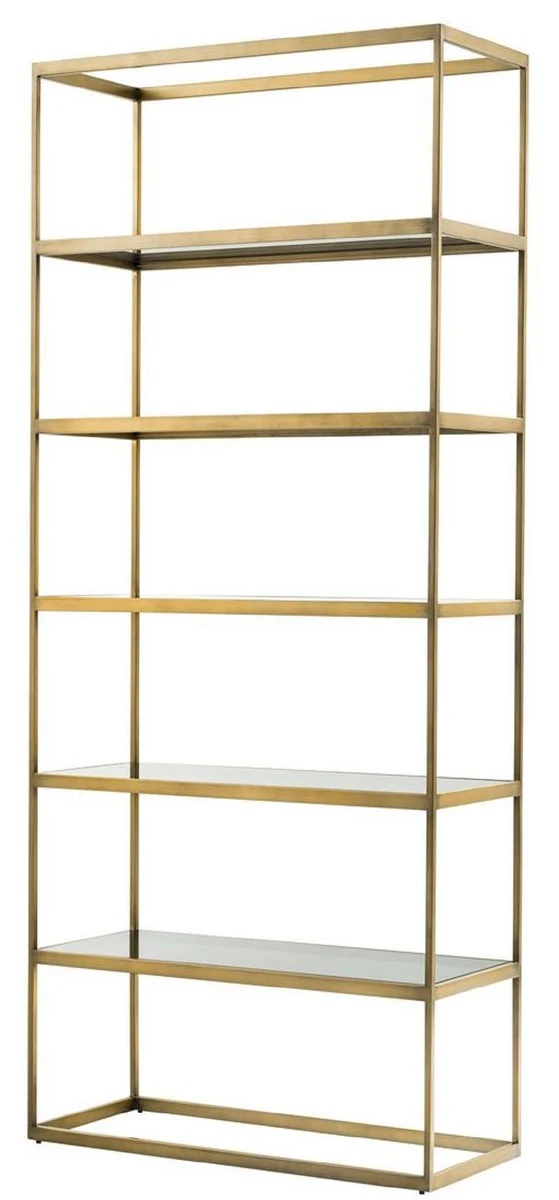 Casa Padrino Luxus Regalschrank Messing / Grau 95 x 40 x H. 225 cm - Edelstahl Schrank mit 5 Glasregalen - Büromöbel - Wohnzimmermöbel