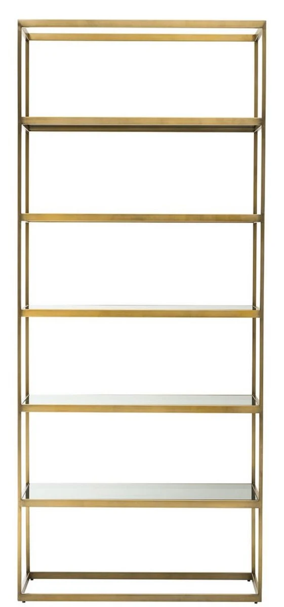Casa Padrino Luxus Regalschrank Messing / Grau 95 x 40 x H. 225 cm - Edelstahl Schrank mit 5 Glasregalen - Büromöbel - Wohnzimmermöbel