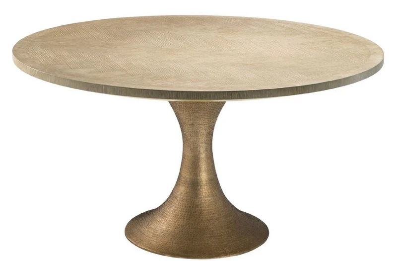 Casa Padrino Luxus Esstisch Naturfarben / Messing Ø 140 x H. 76 cm - Runder Küchentisch - Luxus Esszimmer Möbel