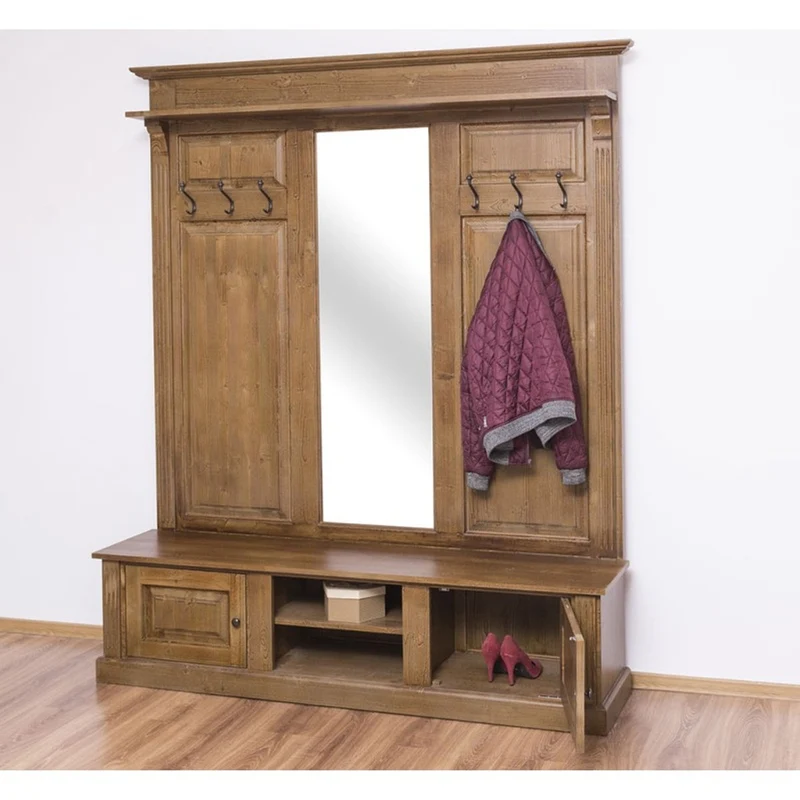Casa Padrino Landhausstil Garderobe holzfarben 180 x 41 x H. 210 cm - Massivholz Garderobenschrank mit Spiegel - Landhausstil Garderobenmöbel