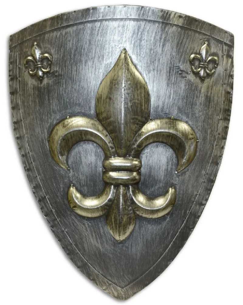 Casa Padrino Metall Ritterschild mit dekorativer französischer Lilie Antik Silber / Gold 54 x H. 71 cm - Mittelalter Deko - Wanddeko