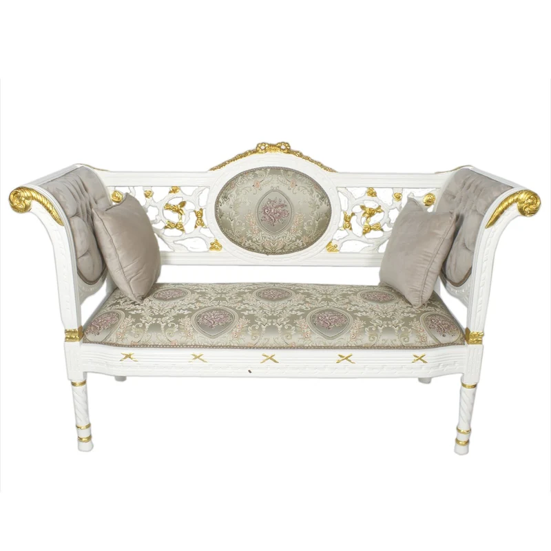 Casa Padrino Barock Sitzbank Grau Creme Muster / Weiß Gold 155 x 50 x H. 70 cm - Antikstil Sitzbank