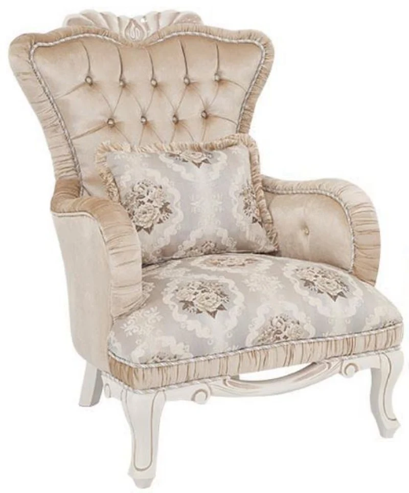 Casa Padrino Luxus Barock Sessel Beige / Weiß 76 x 83 x H. 109 cm - Wohnzimmer Sessel mit Blumenmuster und dekorativem Kissen - Barock Möbel