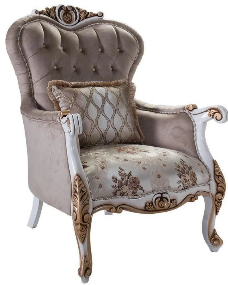 Casa Padrino Luxus Barock Sessel mit Kissen Grau / Mehrfarbig / Weiß / Bronze 85 x 76 x H. 110 cm - Wohnzimmer Sessel mit Blumenmuster und wunderschönen Verzierungen