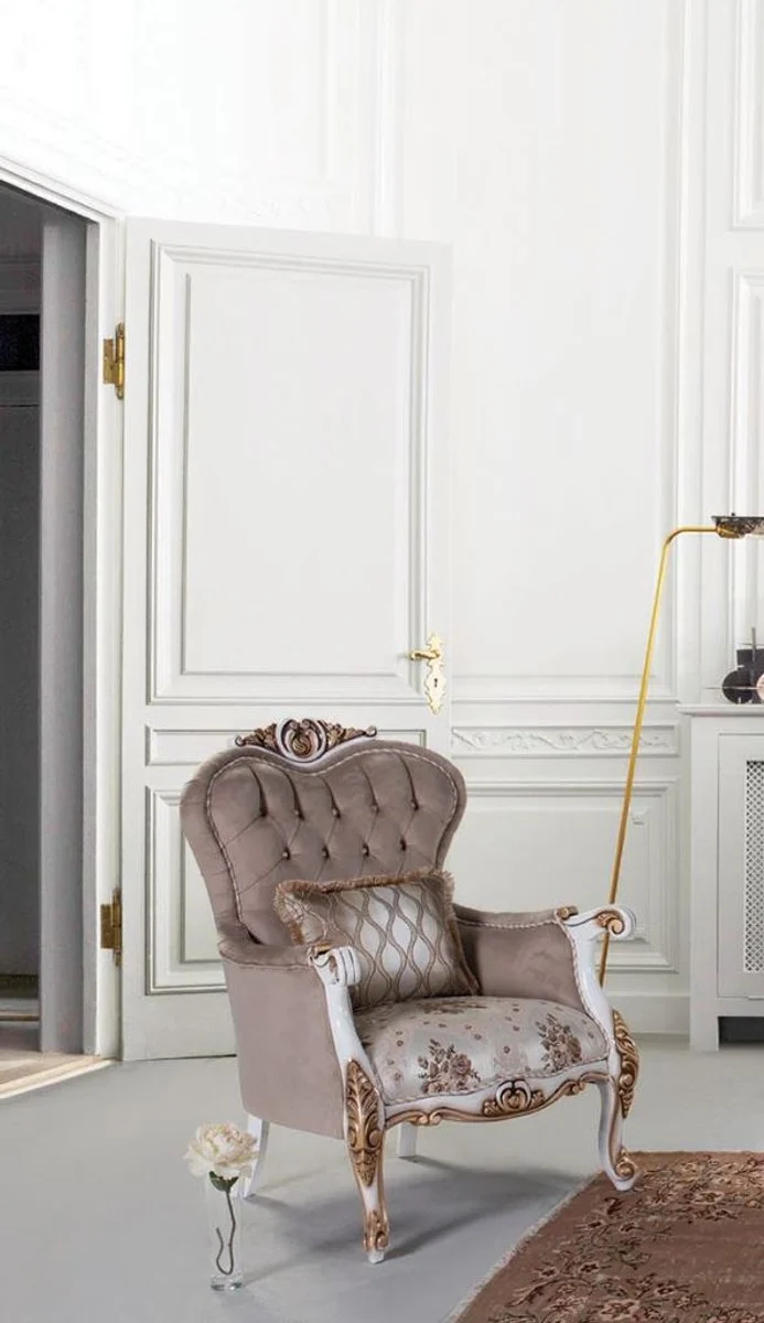 Casa Padrino Luxus Barock Sessel mit Kissen Grau / Mehrfarbig / Weiß / Bronze 85 x 76 x H. 110 cm - Wohnzimmer Sessel mit Blumenmuster und wunderschönen Verzierungen