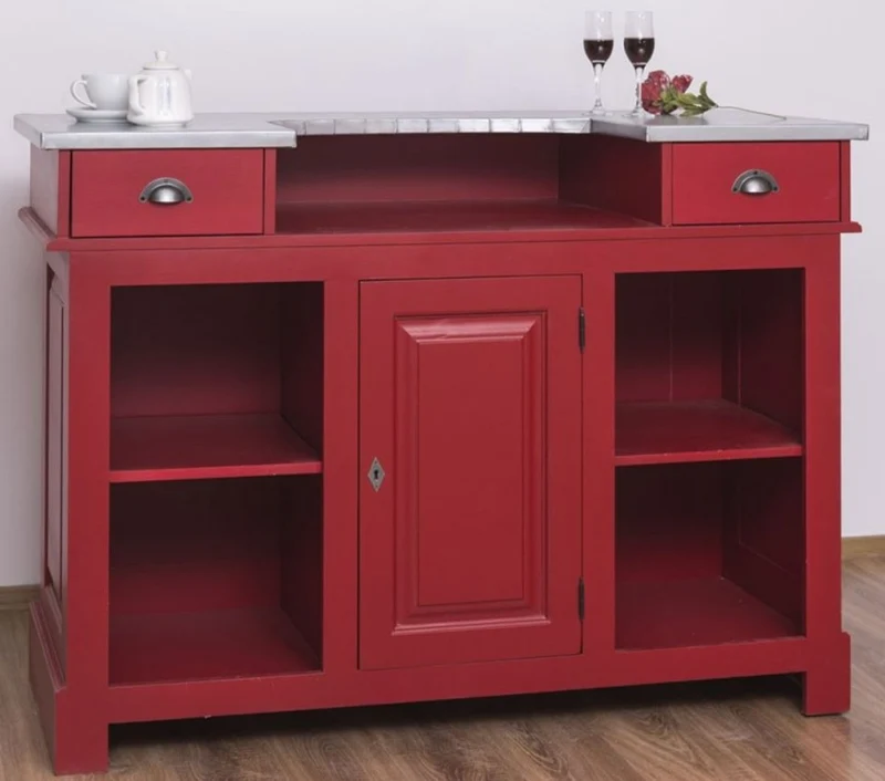 Casa Padrino Landhausstil Theke Rot / Silber 150 x 65 x H. 107 cm - Massivholz Thekentisch mit verzinkter Tischplatte - Barmöbel im Landhausstil