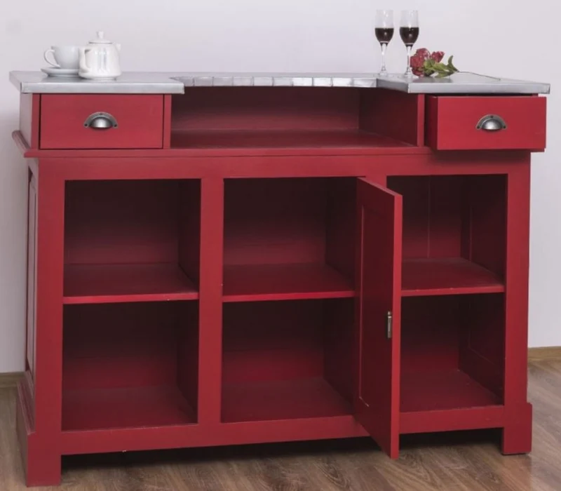 Casa Padrino Landhausstil Theke Rot / Silber 150 x 65 x H. 107 cm - Massivholz Thekentisch mit verzinkter Tischplatte - Barmöbel im Landhausstil