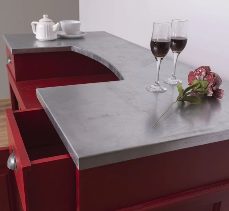 Casa Padrino Landhausstil Theke Rot / Silber 150 x 65 x H. 107 cm - Massivholz Thekentisch mit verzinkter Tischplatte - Barmöbel im Landhausstil