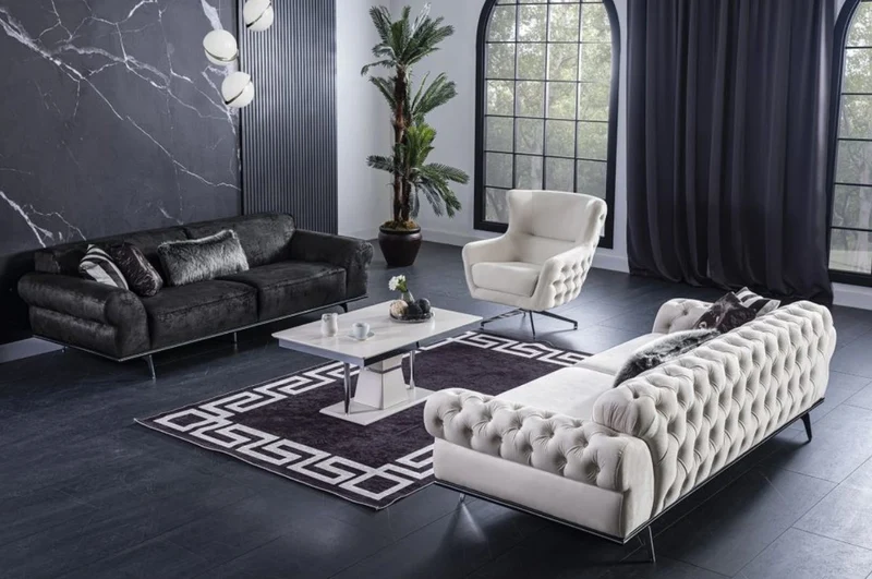 Casa Padrino Luxus Art Deco Chesterfield Wohnzimmer Sofa Cremefarben / Silber 240 x 95 x H. 63 cm - Luxus Wohnzimmer Möbel