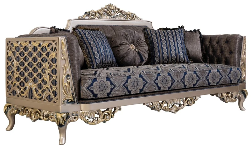 Casa Padrino Luxus Barock Wohnzimmer Set Blau / Silber / Gold - 2 Sofas & 2 Sessel & 1 Couchtisch - Prunkvolle Barock Wohnzimmer Möbel