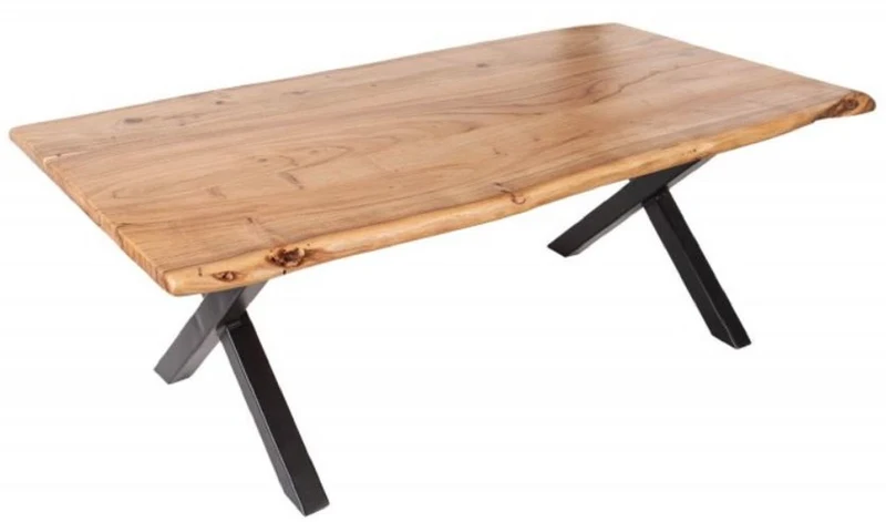Casa Padrino Massivholz Couchtisch mit Metallbeinen Naturfarben / Schwarz 118 x 60 x H. 40 cm - Rechteckiger Wohnzimmertisch - Massivholz Wohnzimmer Möbel
