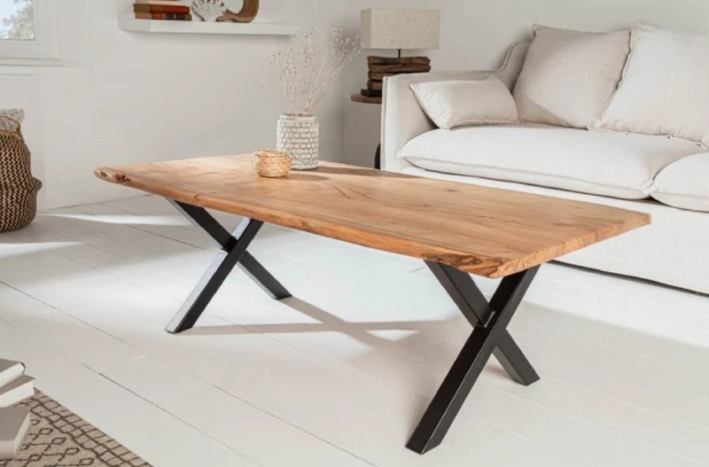 Casa Padrino Massivholz Couchtisch mit Metallbeinen Naturfarben / Schwarz 118 x 60 x H. 40 cm - Rechteckiger Wohnzimmertisch - Massivholz Wohnzimmer Möbel
