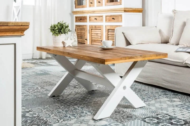 Casa Padrino Landhausstil Couchtisch Naturfarben / Weiß 110 x 60 x H. 45 cm - Handgefertigter Massivholz Wohnzimmertisch - Wohnzimmer Möbel im Landhausstil