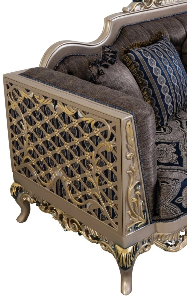 Casa Padrino Luxus Barock Sofa mit dekorativen Kissen Blau / Silber / Gold 226 x 90 x H. 110 cm - Barock Wohnzimmer Möbel